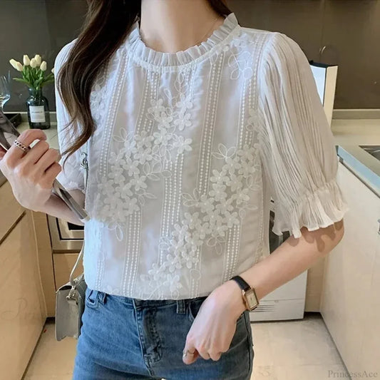 Lace Chiffon Short Sleeve Embroidery Blouse WHITE / S blouse-250126