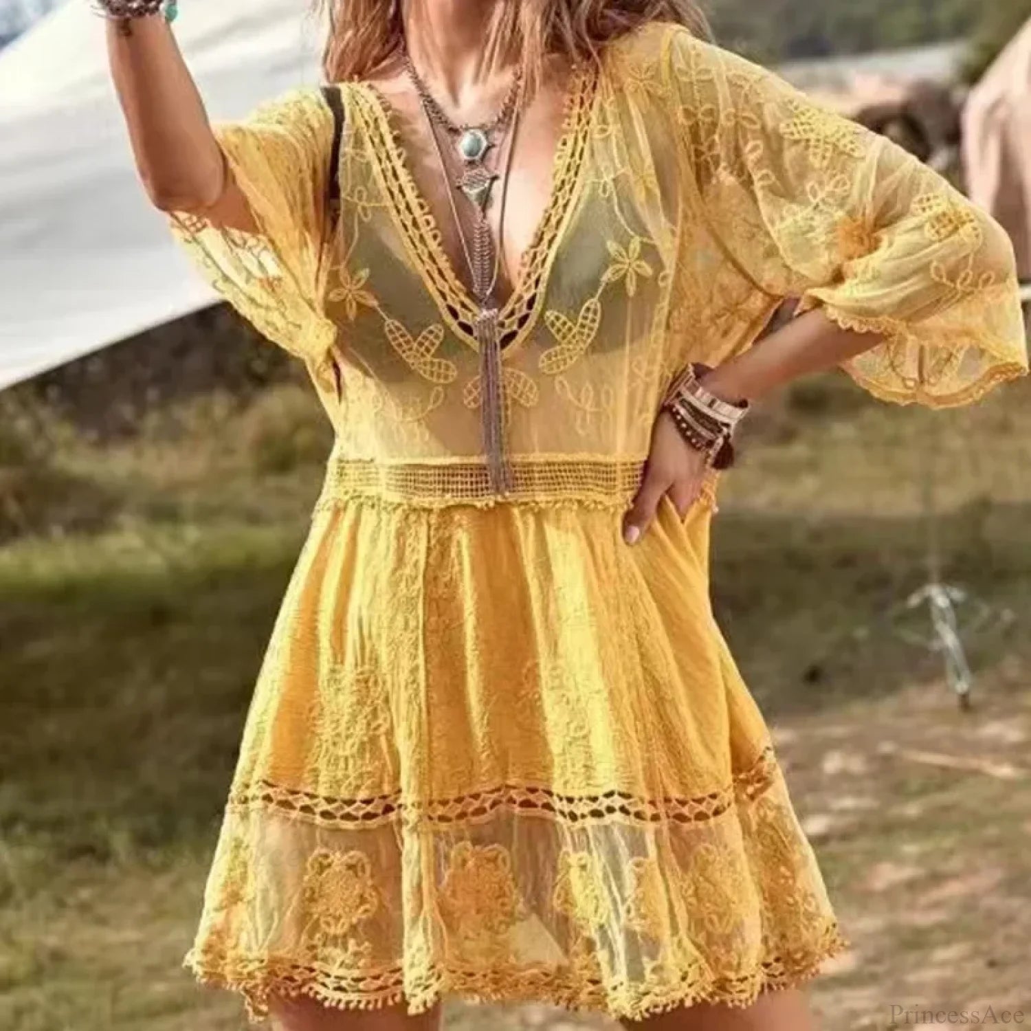 Lace Deep V-neck Floral Embroidery Boho Cover up Yellow / One Size bohocoverup-250126