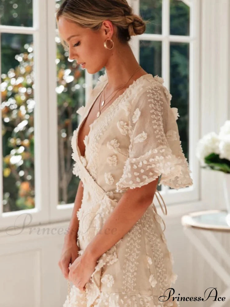 Lace Dress For Chain Short-Sleeved Flower Link V-Neck Women Women’s Short Sleeve Mini Dress