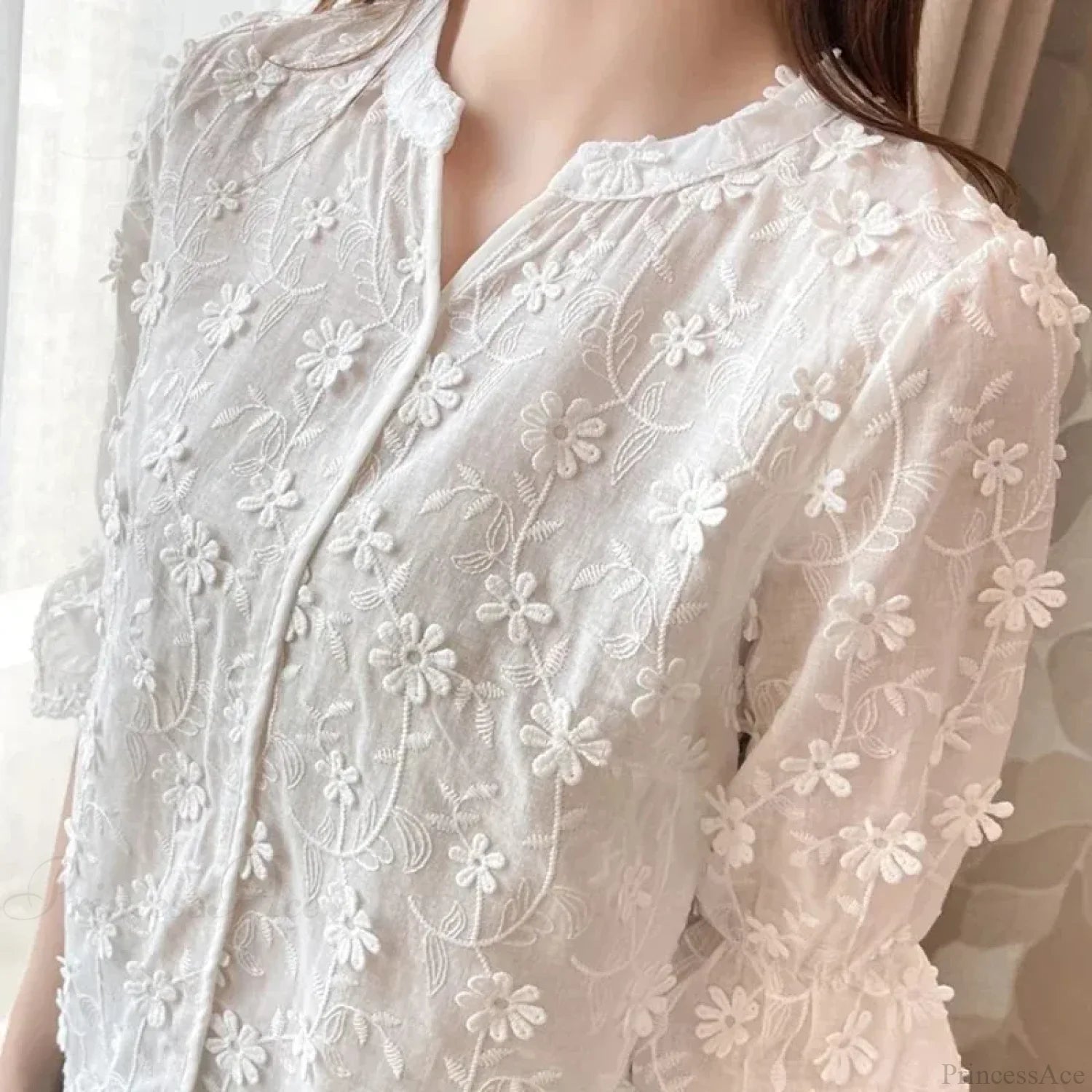 Lace Embroidered Floral Short Sleeve Casual White Blouse blouse-250126