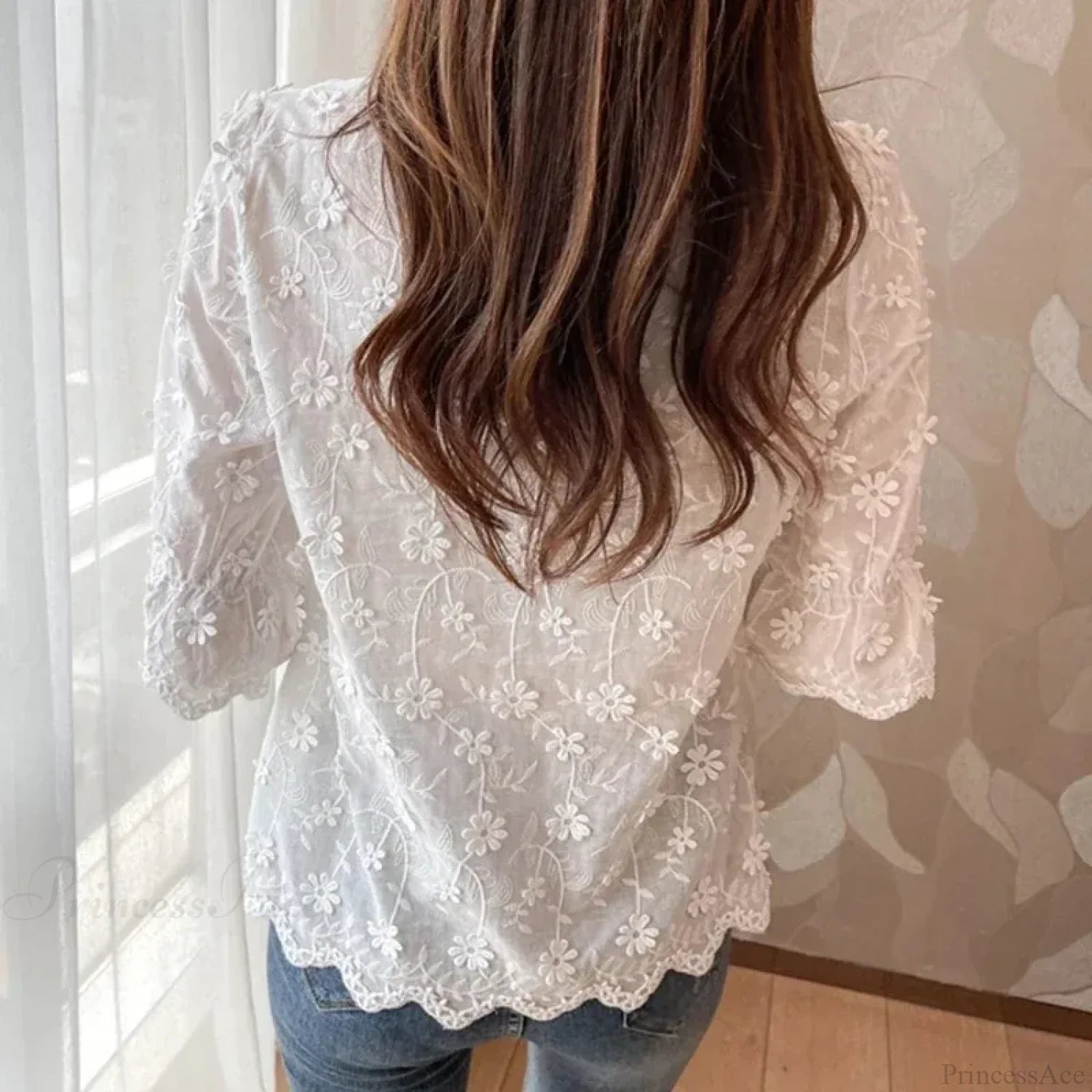 Lace Embroidered Floral Short Sleeve Casual White Blouse blouse-250126