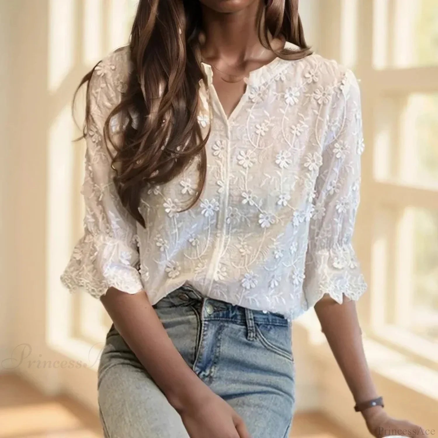 Lace Embroidered Floral Short Sleeve Casual White Blouse blouse-250126