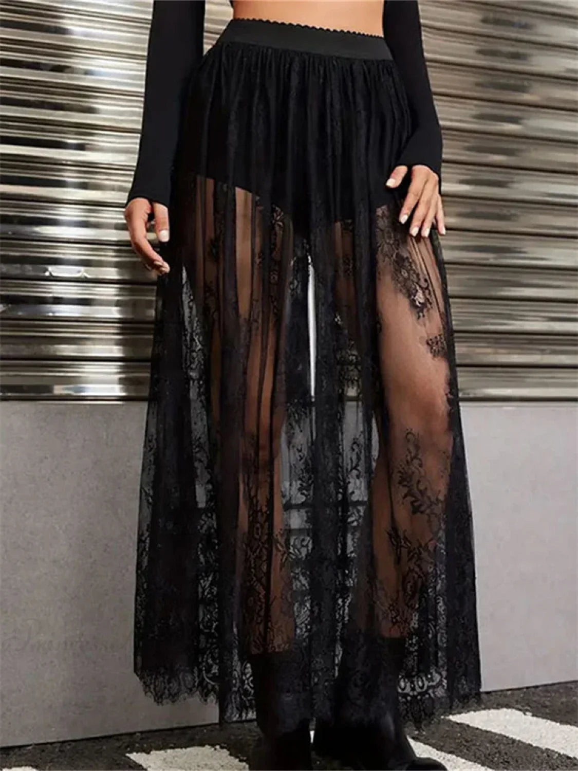 Lace Floral Long Maxi Skirt Solid Mesh Built-in Shorts Skirt skirt-250126