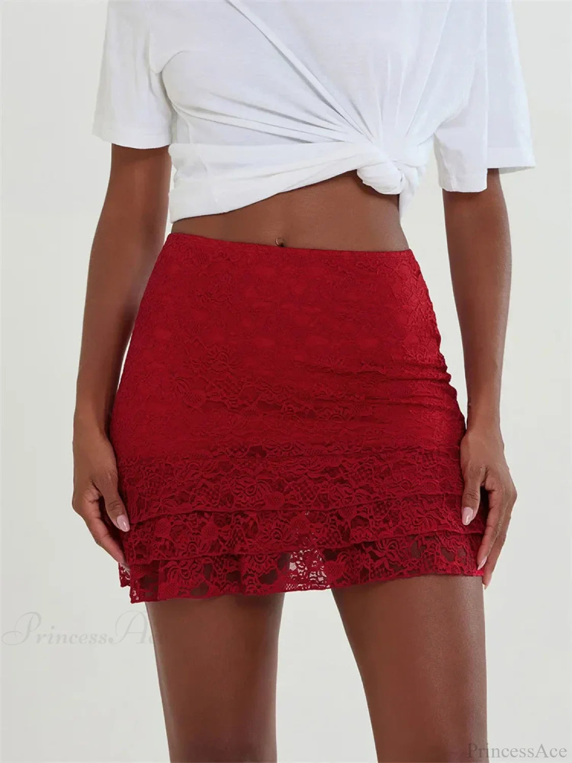 Lace Flower Sheer Ruffles Skirt red / S skirts-250223