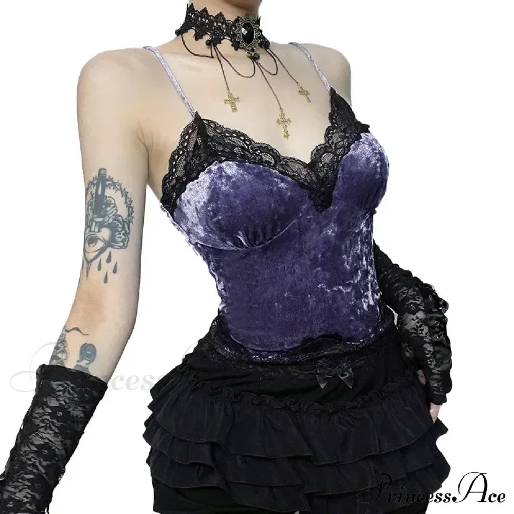 Lace Gothic Aesthetic Velvet Grunge Punk Bodycon V-Neck Elegant Classic Crop Top