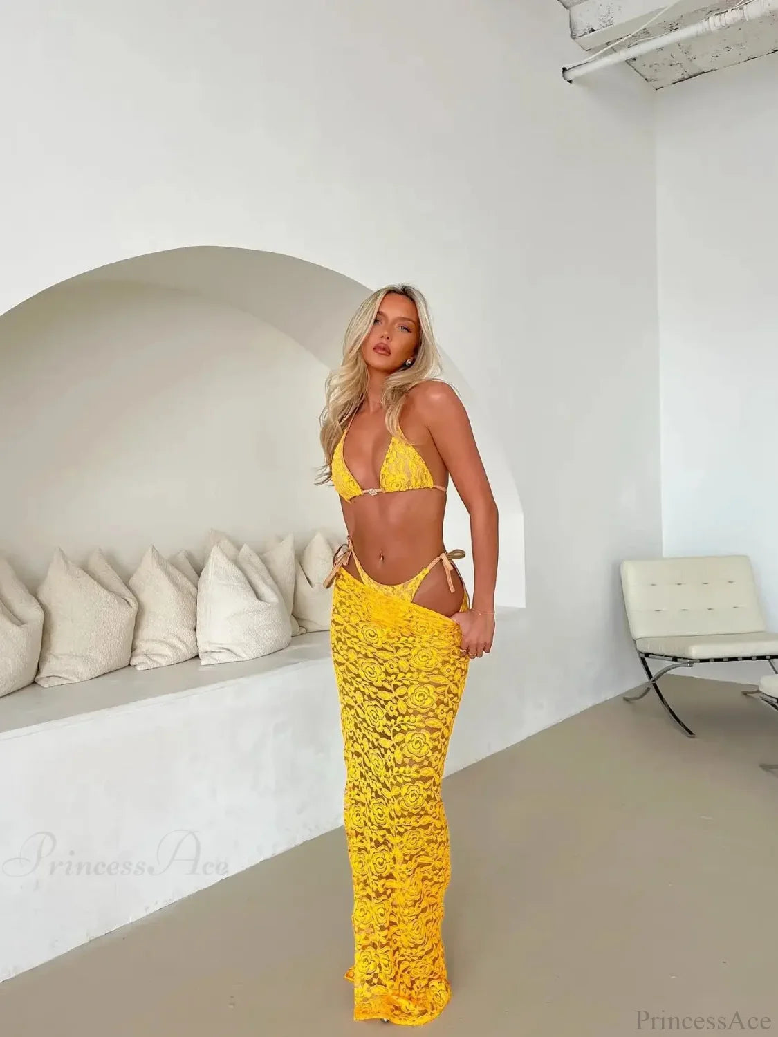 Lace Halter Skirt Three Piece Swimsuit