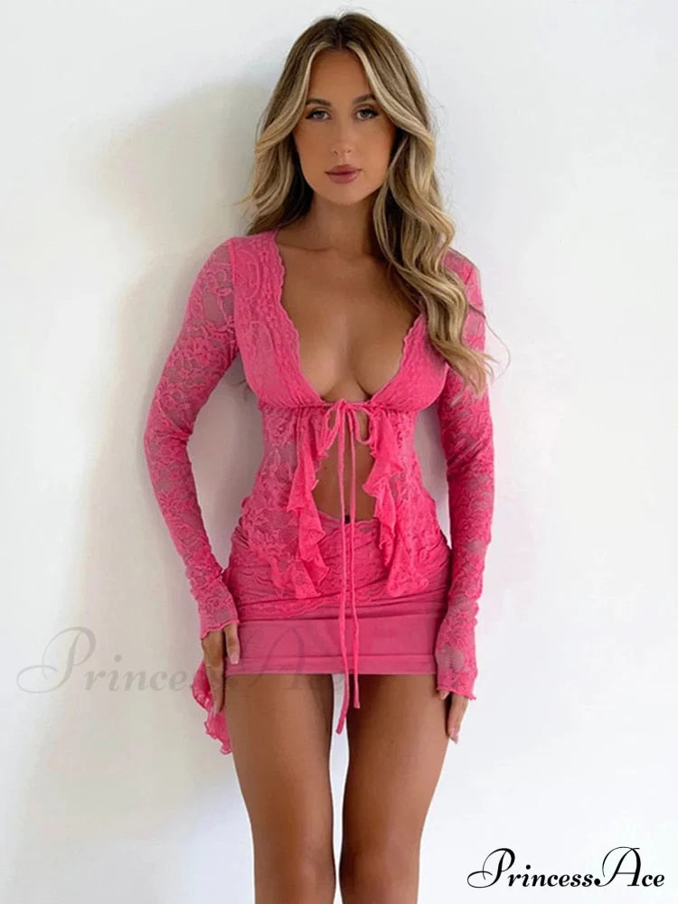 Lace Long Gown And Sexy Skirt Set Mini T-Shirt Irregular Piece Arm Lace-Up Party Women Sets Two