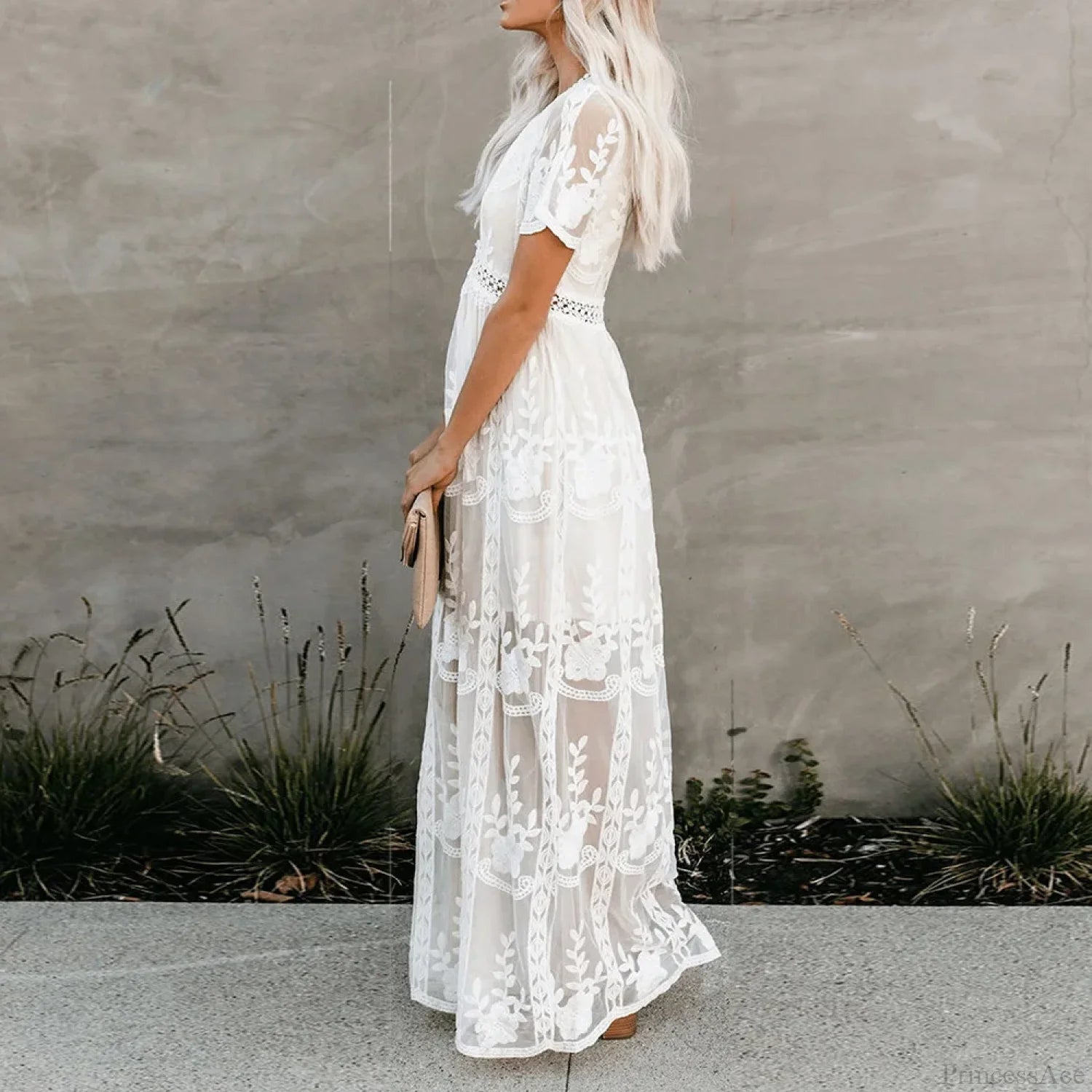 Lace Maxi Dress Vintage White Deep V-neck Summer Dress bohodress-250126