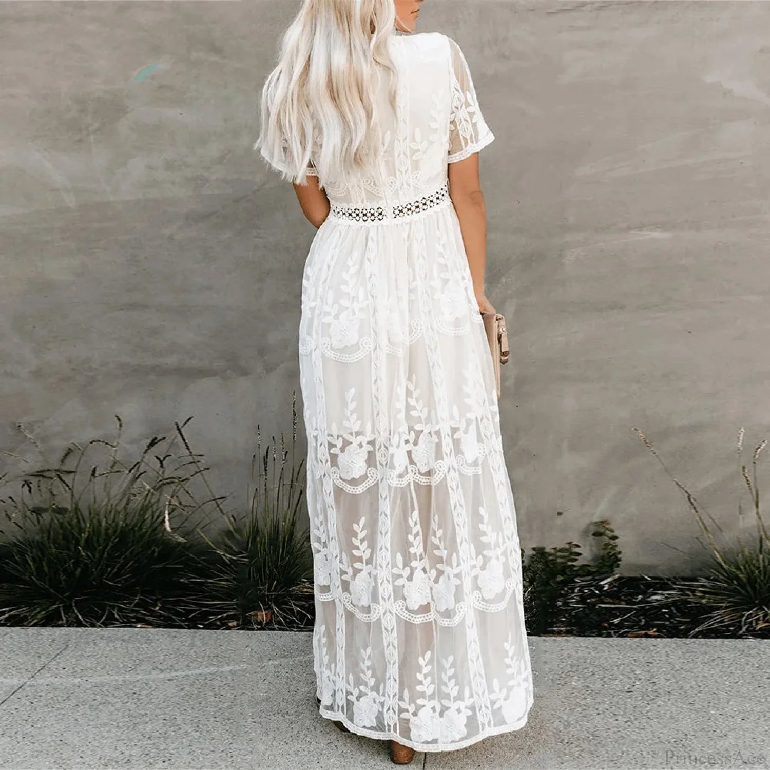 Lace Maxi Dress Vintage White Deep V-neck Summer Dress bohodress-250126