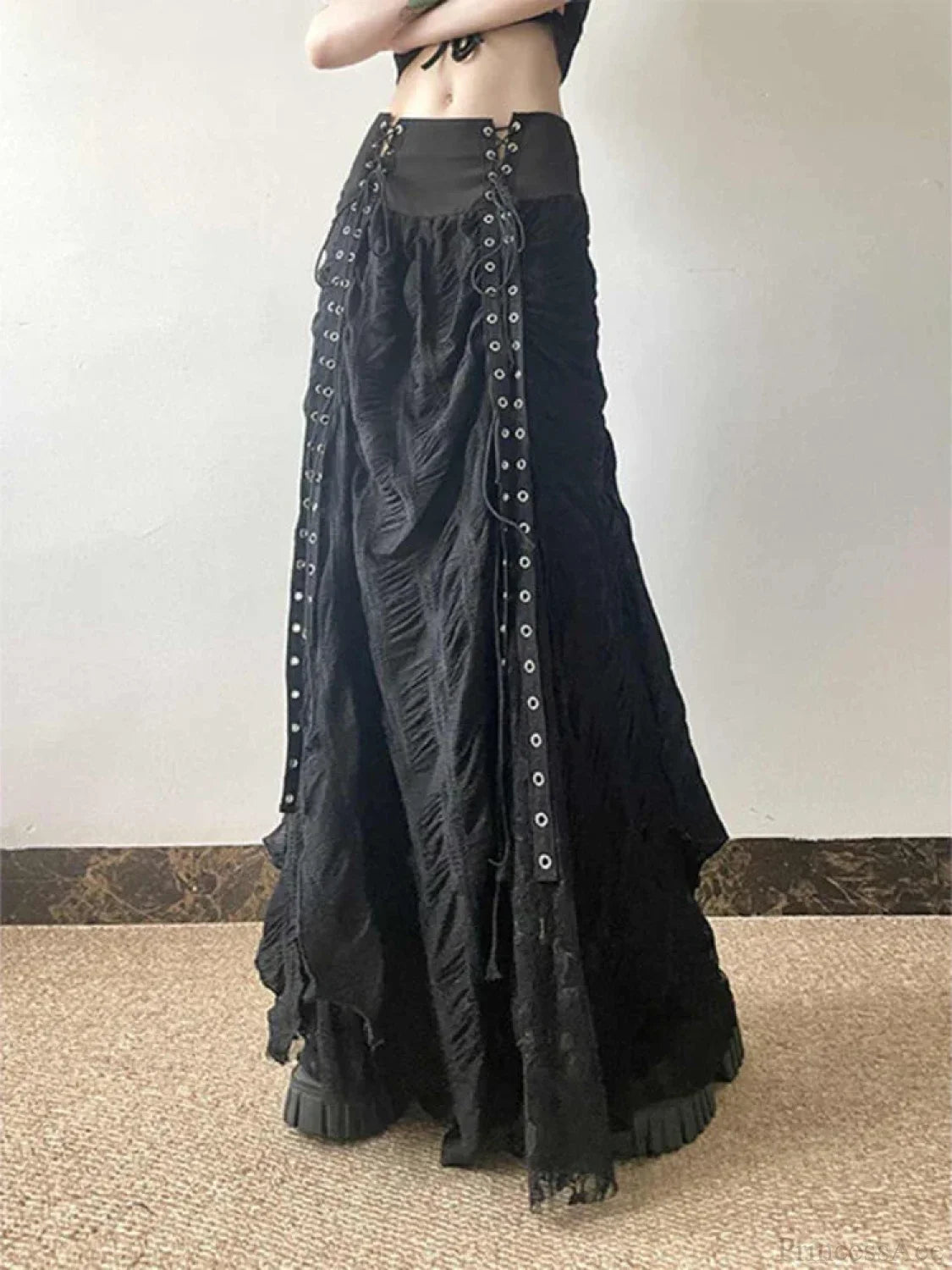 Lace Mesh Fairy Bow Long Skirt Black / S