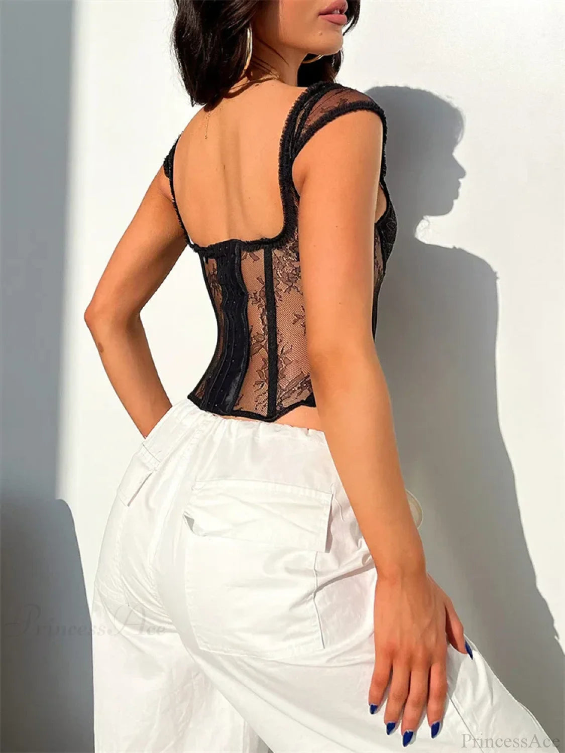 Lace Mesh Sheer Sleeveless V-neck Crop Top croptop-250126