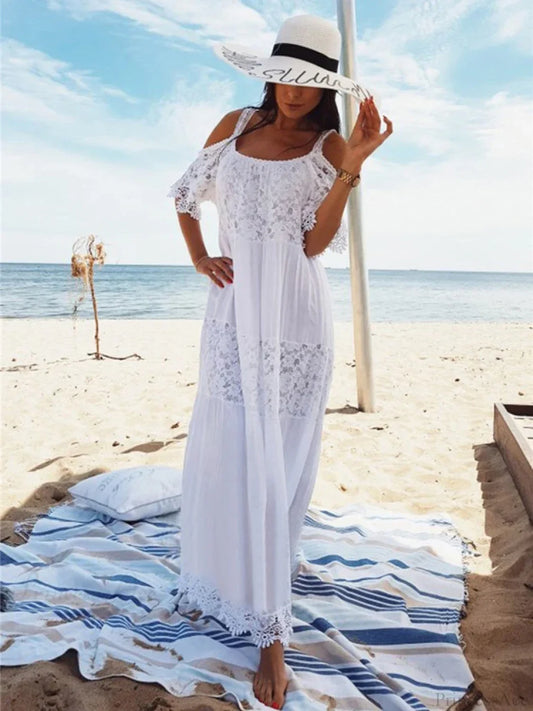 Lace Off Shoulder Bikini Cover Up WHITE / One Size
