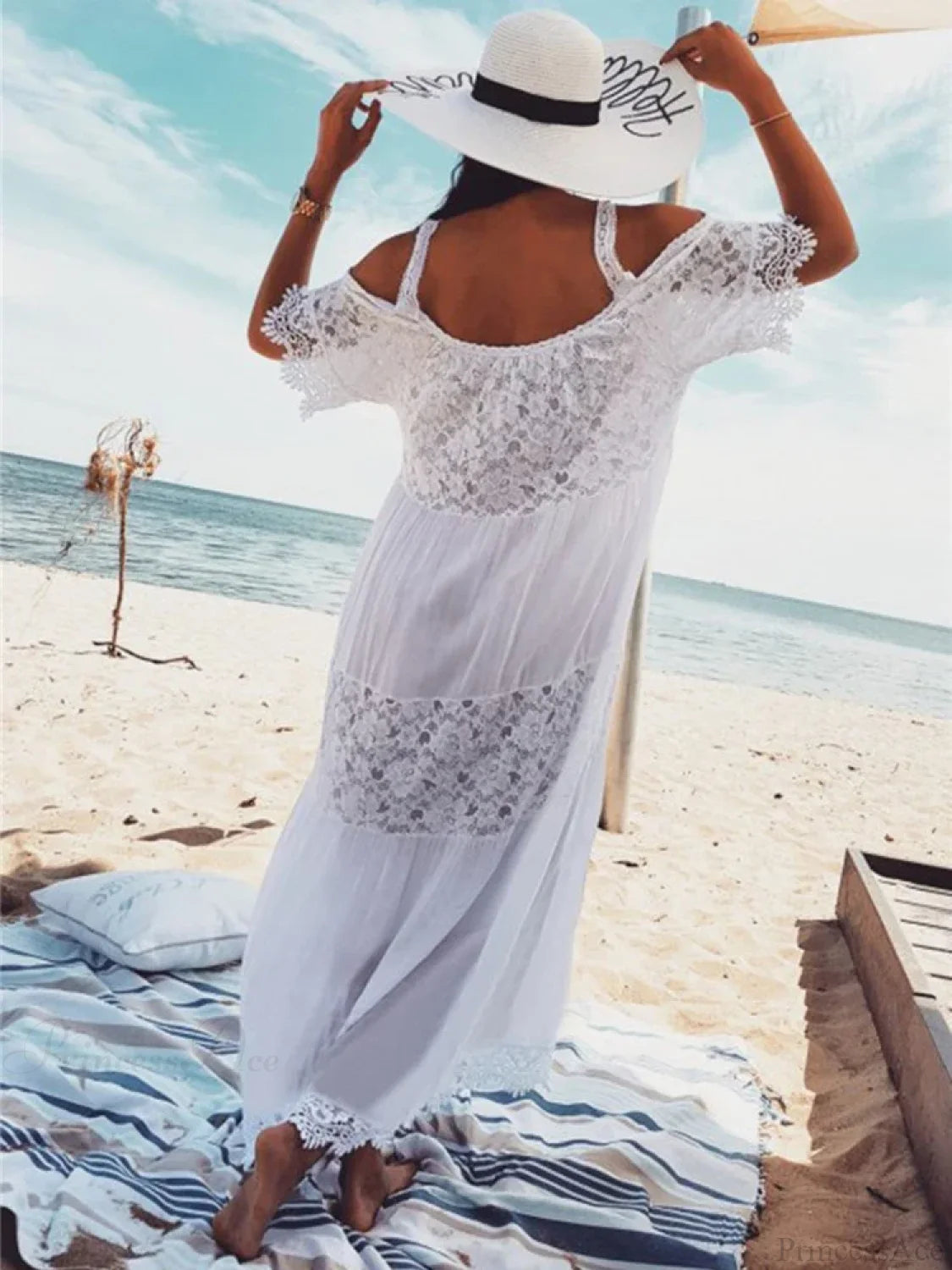 Lace Off Shoulder Bikini Cover Up WHITE / One Size