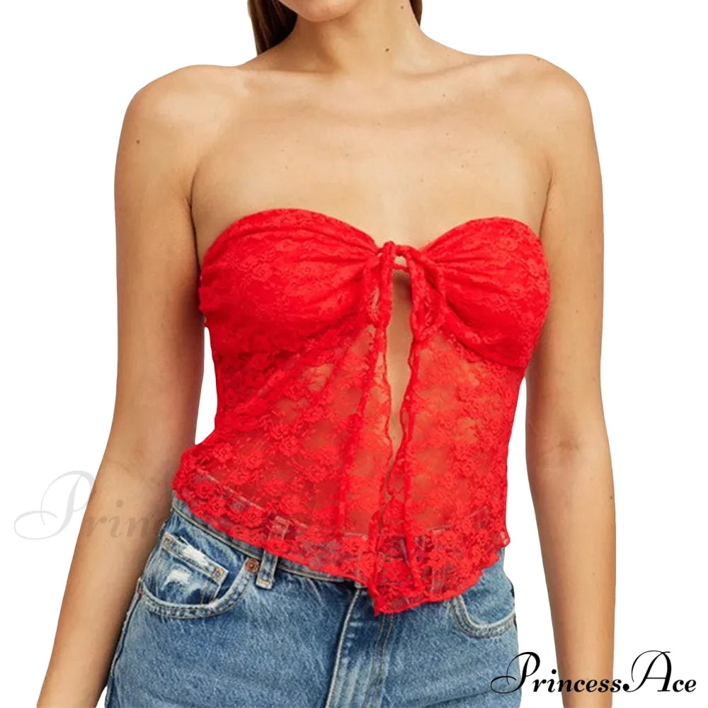 Lace Off-Shoulder Sleeveless Backless See-Through Stylish Elegant Chic Crop Top Red / S