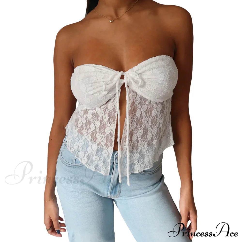 Lace Off-Shoulder Sleeveless Backless See-Through Stylish Elegant Chic Crop Top White / S