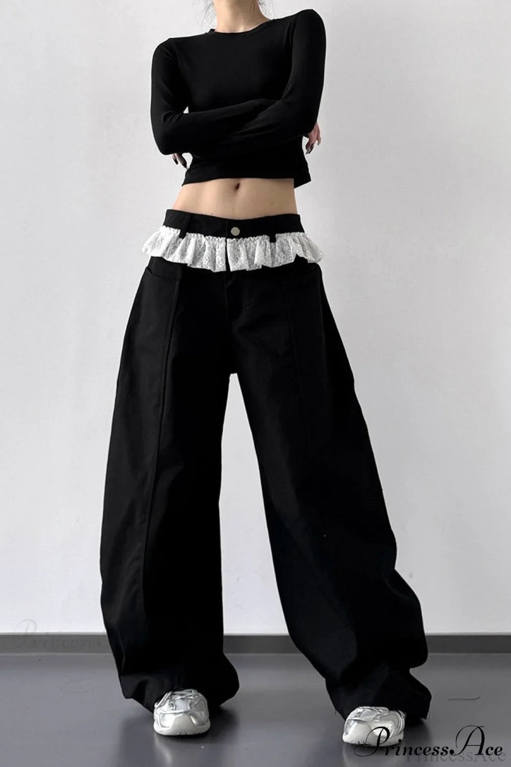 Lace Panel High Waist Wide Leg Jeans Black / S