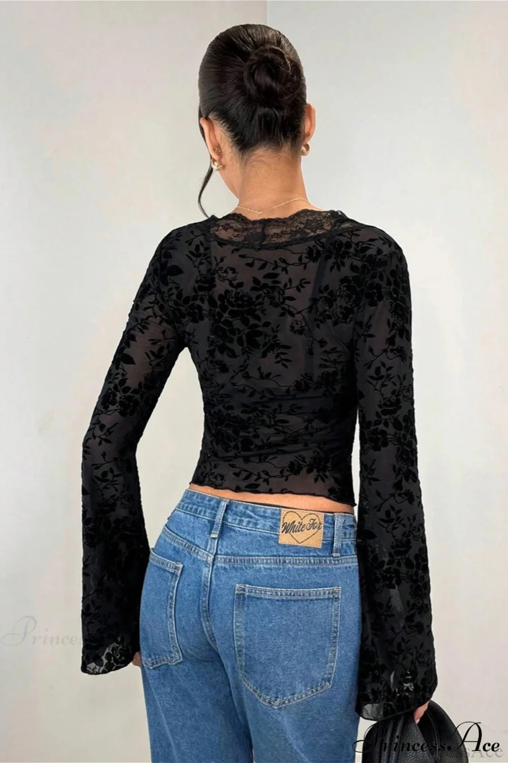 Lace Panel Leopard Slim Flared Sleeve Long Sleeve Tee