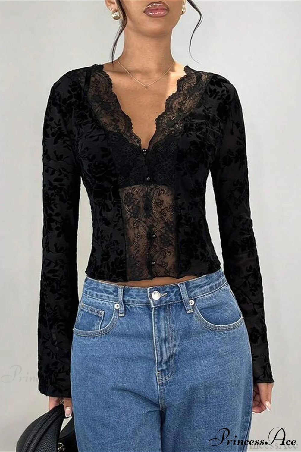 Lace Panel Leopard Slim Flared Sleeve Long Sleeve Tee Black / S
