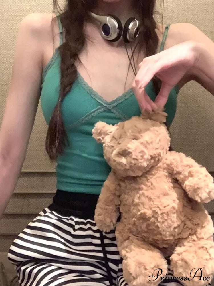 Lace Paneled Button Trendy Long Sleeve Knit Top Green / One Size Tank Tops&Camis