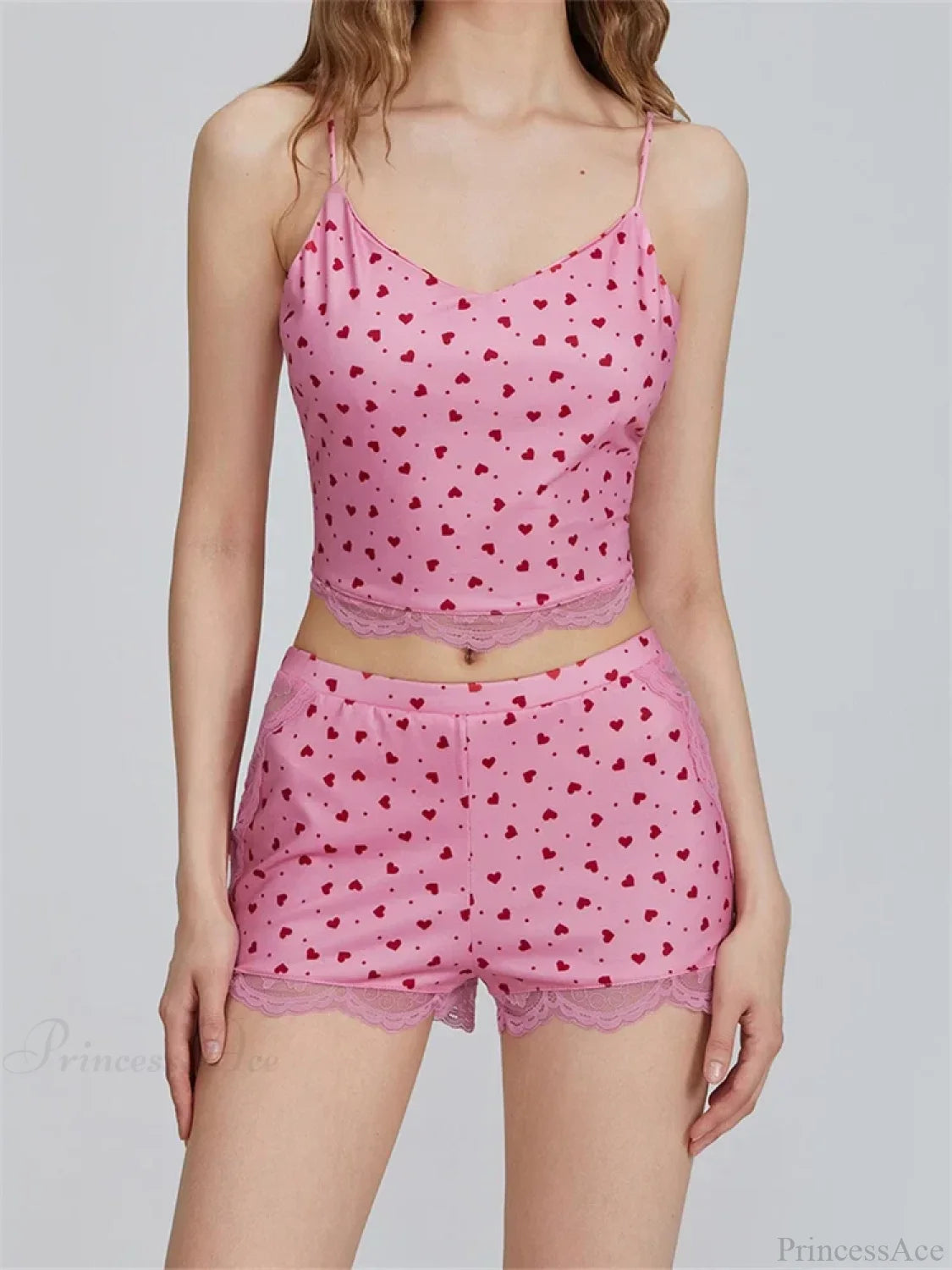 Lace Patchwork Heart Print Camis Crop Top with Casual Shorts Pajama Set twopiecesset-250126