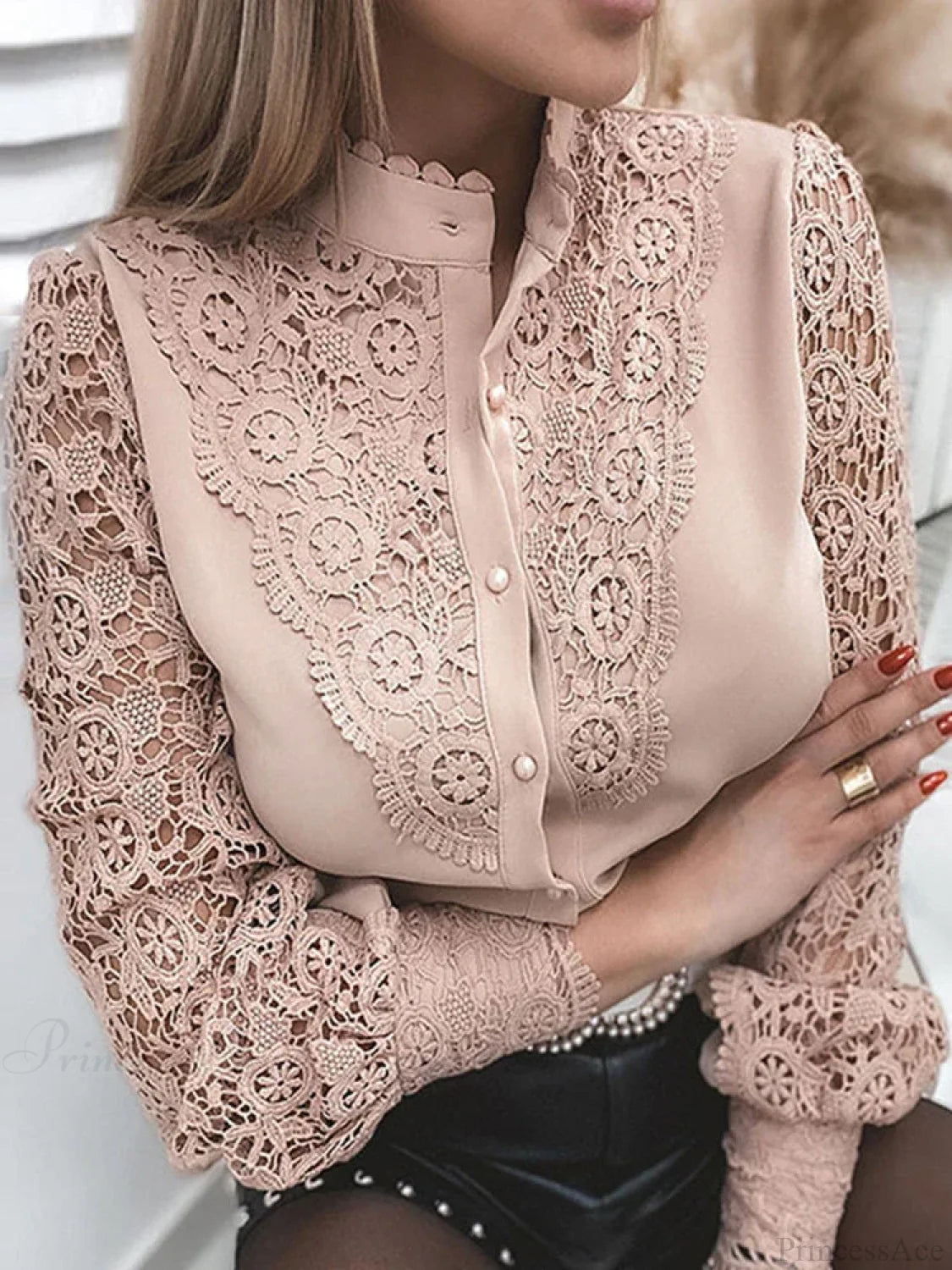 Lace Patchwork Hollow Out Button-Up Office Blouse Pink / S blouse-250126