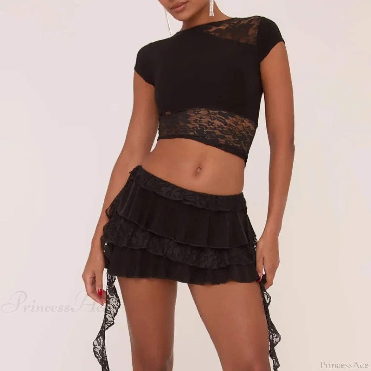 Lace Patchwork Layered Ruffle Skirt