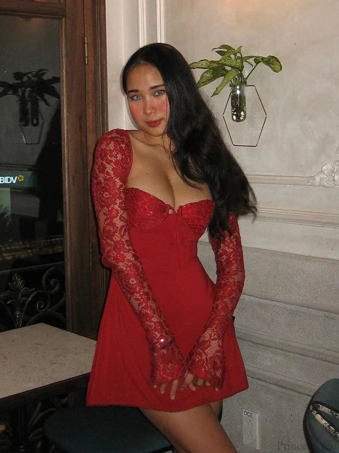 Lace Patchwork Long Sleeve Mini Dress Red / S minidress-250223