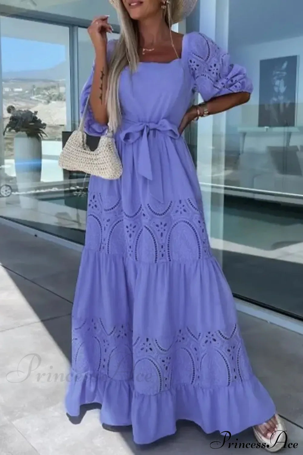 Lace Patchwork Loose Casual Beach Square Neck Boho Dress