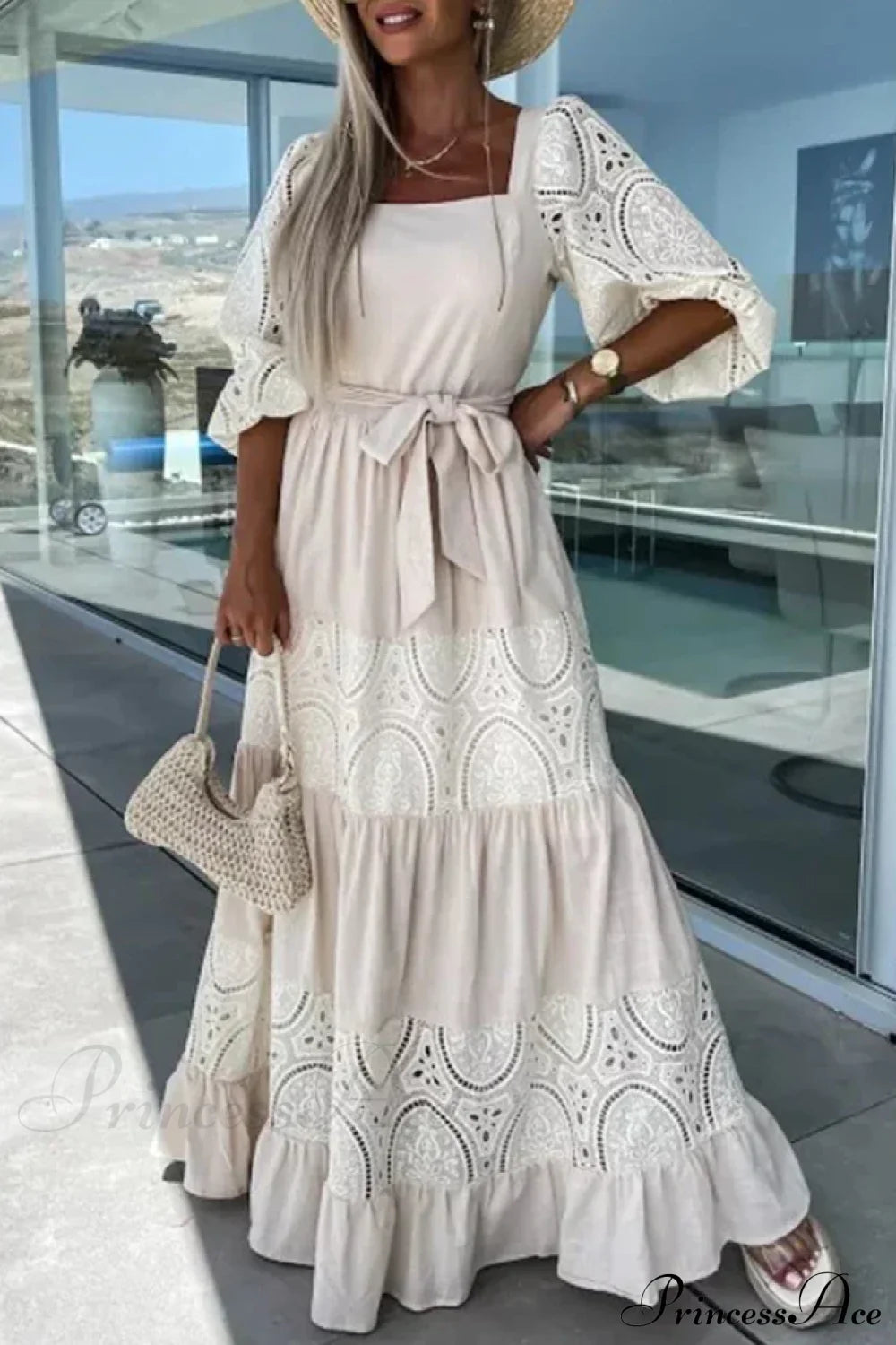 Lace Patchwork Loose Casual Beach Square Neck Boho Dress Apricot / S