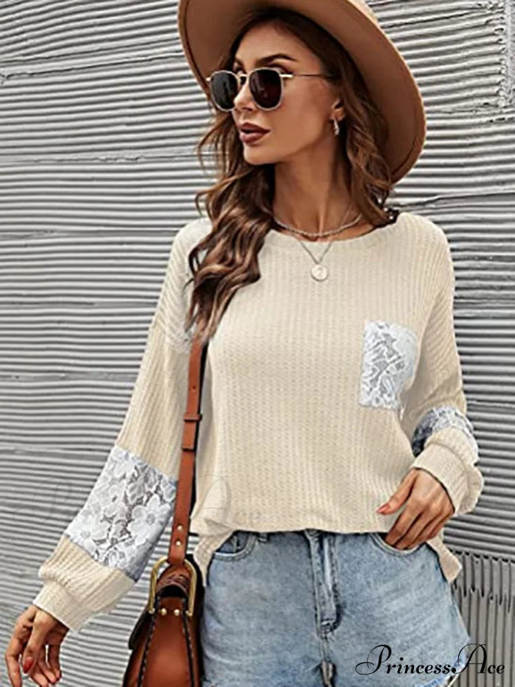 Lace Patchwork Pink Trendy Knit Crop Top Apricot / L Tops