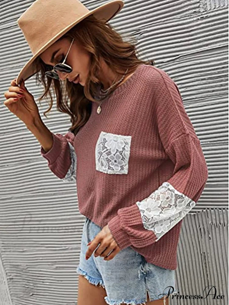 Lace Patchwork Pink Trendy Knit Crop Top Red / L Tops