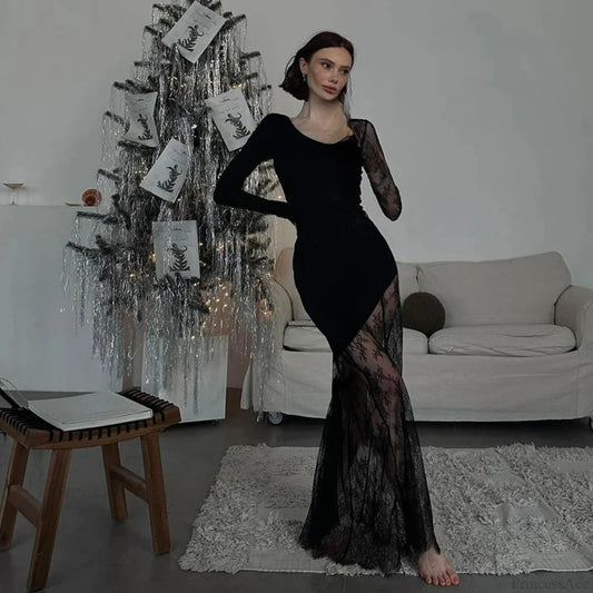 Lace Patchwork Transparent Maxi Dress