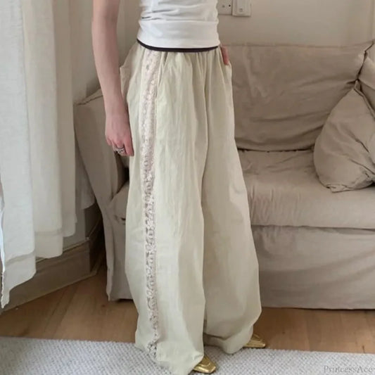 Lace Patchwork White Wide Leg Pants beige / S