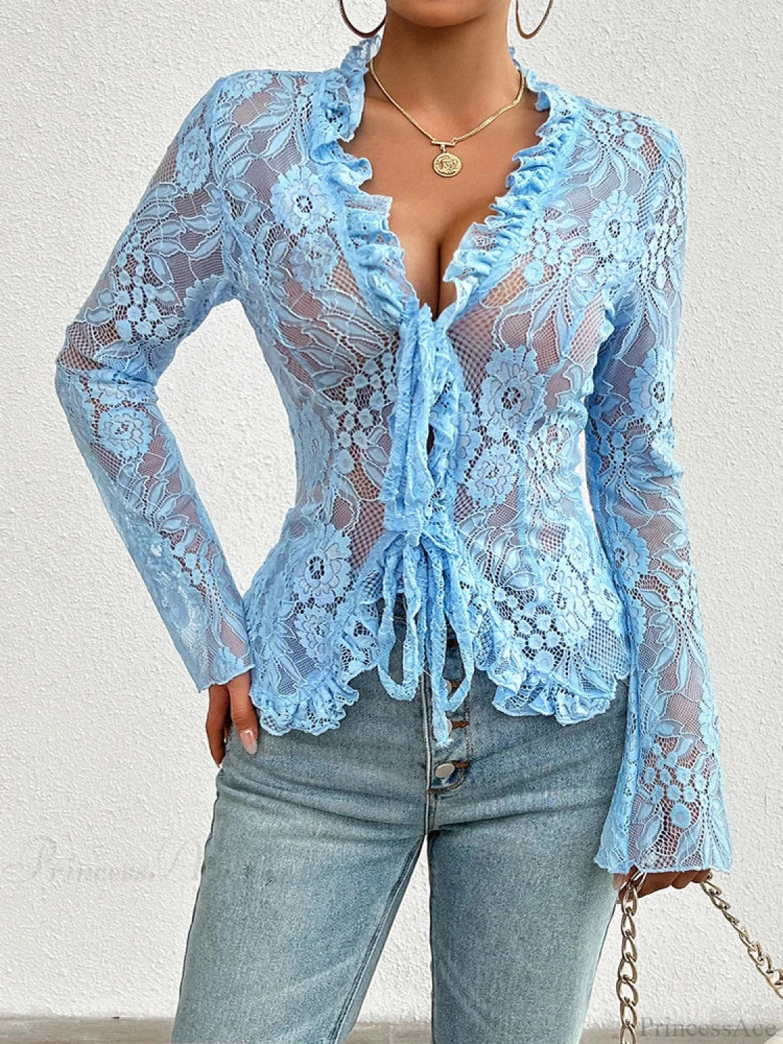 Lace See-Through Sexy Long Sleeve Blouse Light Blue / XS blouse-250126