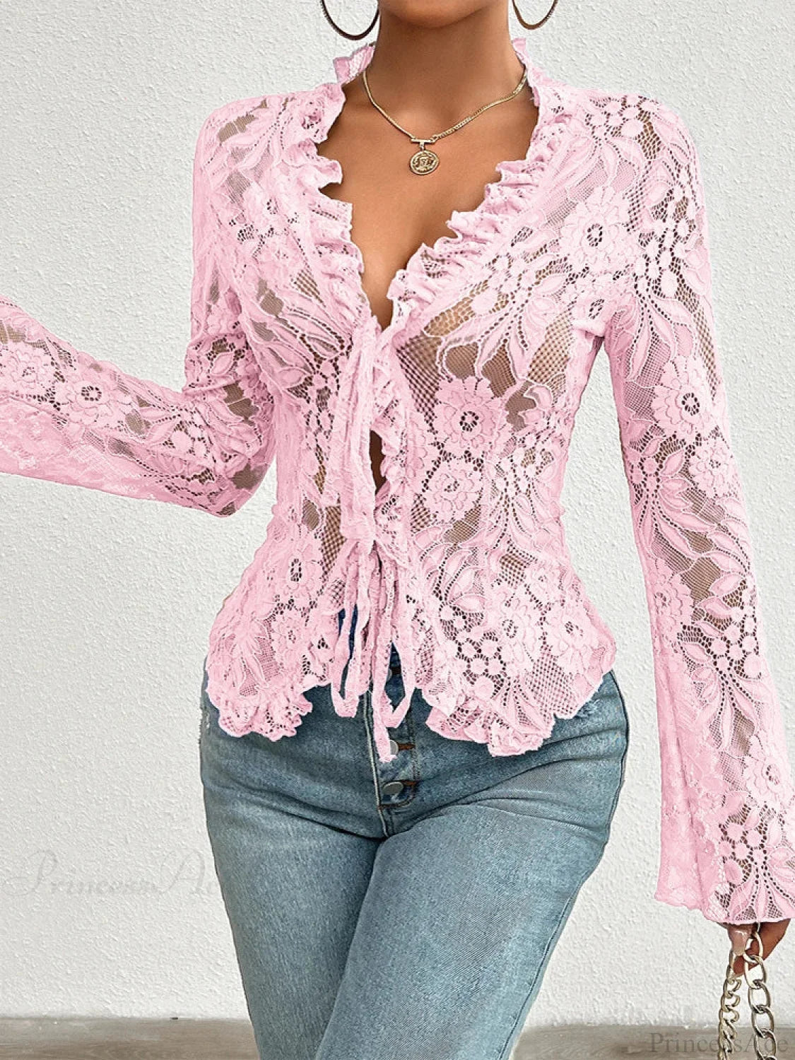Lace See-Through Sexy Long Sleeve Blouse Pink / XS blouse-250126