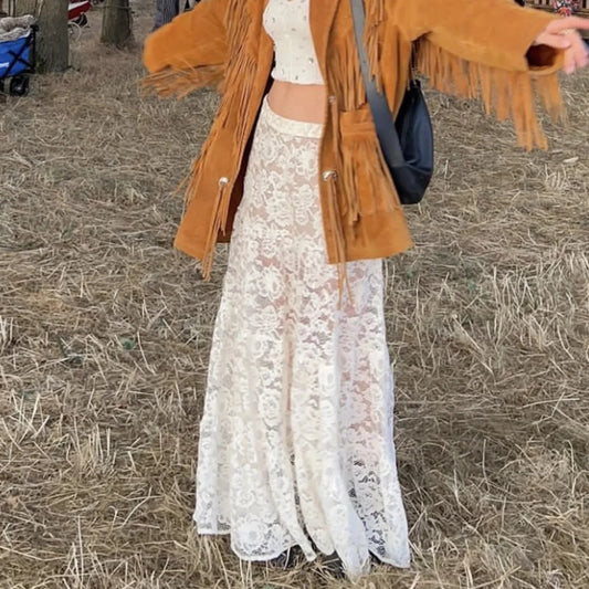 Lace Sheer A-Line Vintage Floral See-Through Skirt skirt-250126