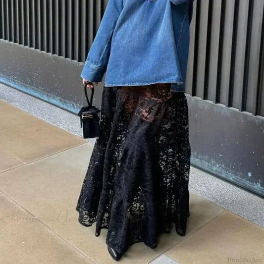Lace Sheer A-Line Vintage Floral See-Through Skirt Black / S skirt-250126