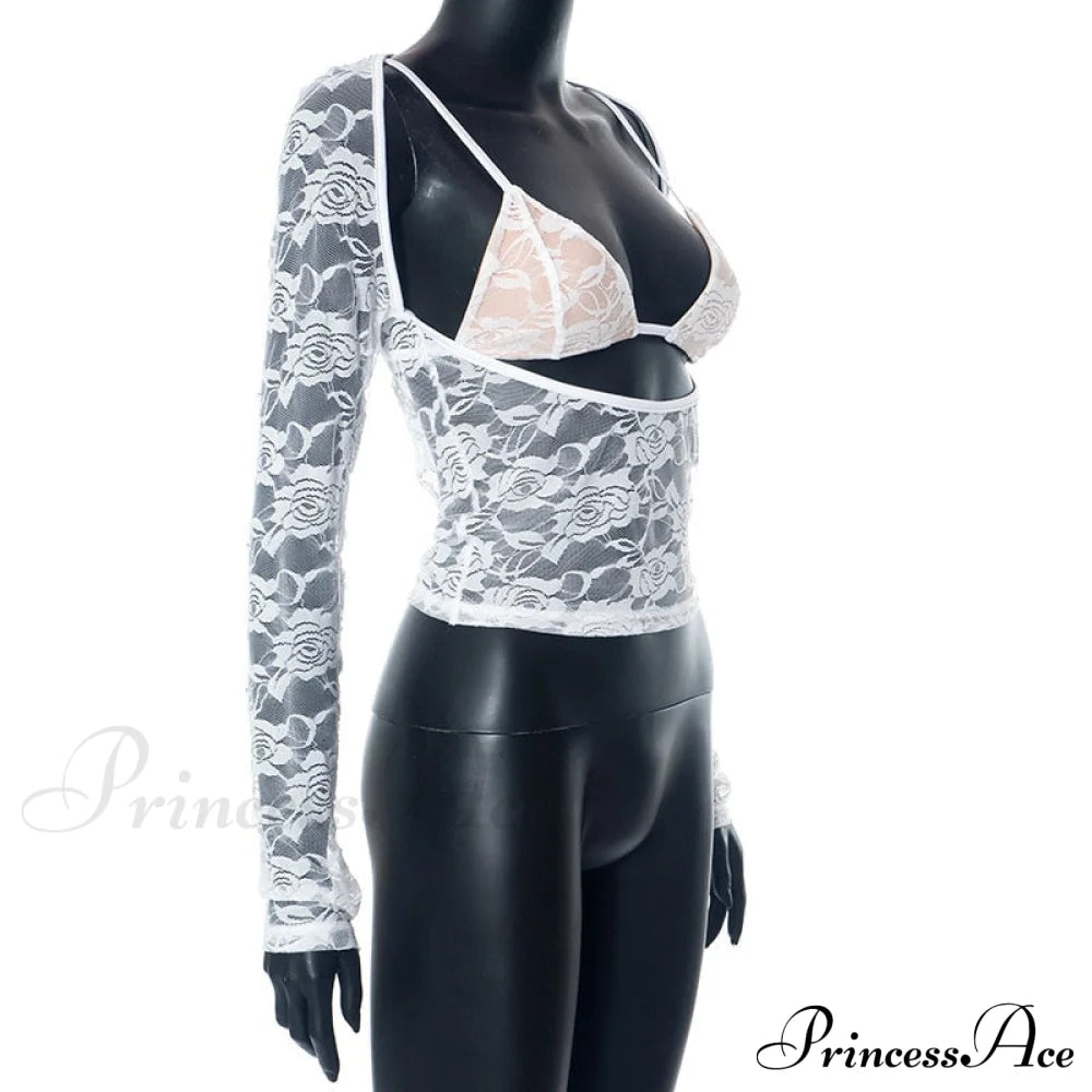 Lace Sheer Long Sleeve Graceful Cut Out Bralette Top