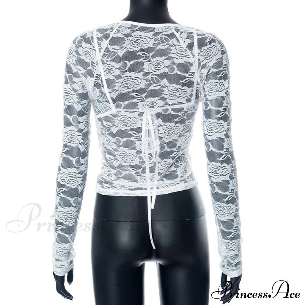 Lace Sheer Long Sleeve Graceful Cut Out Bralette Top