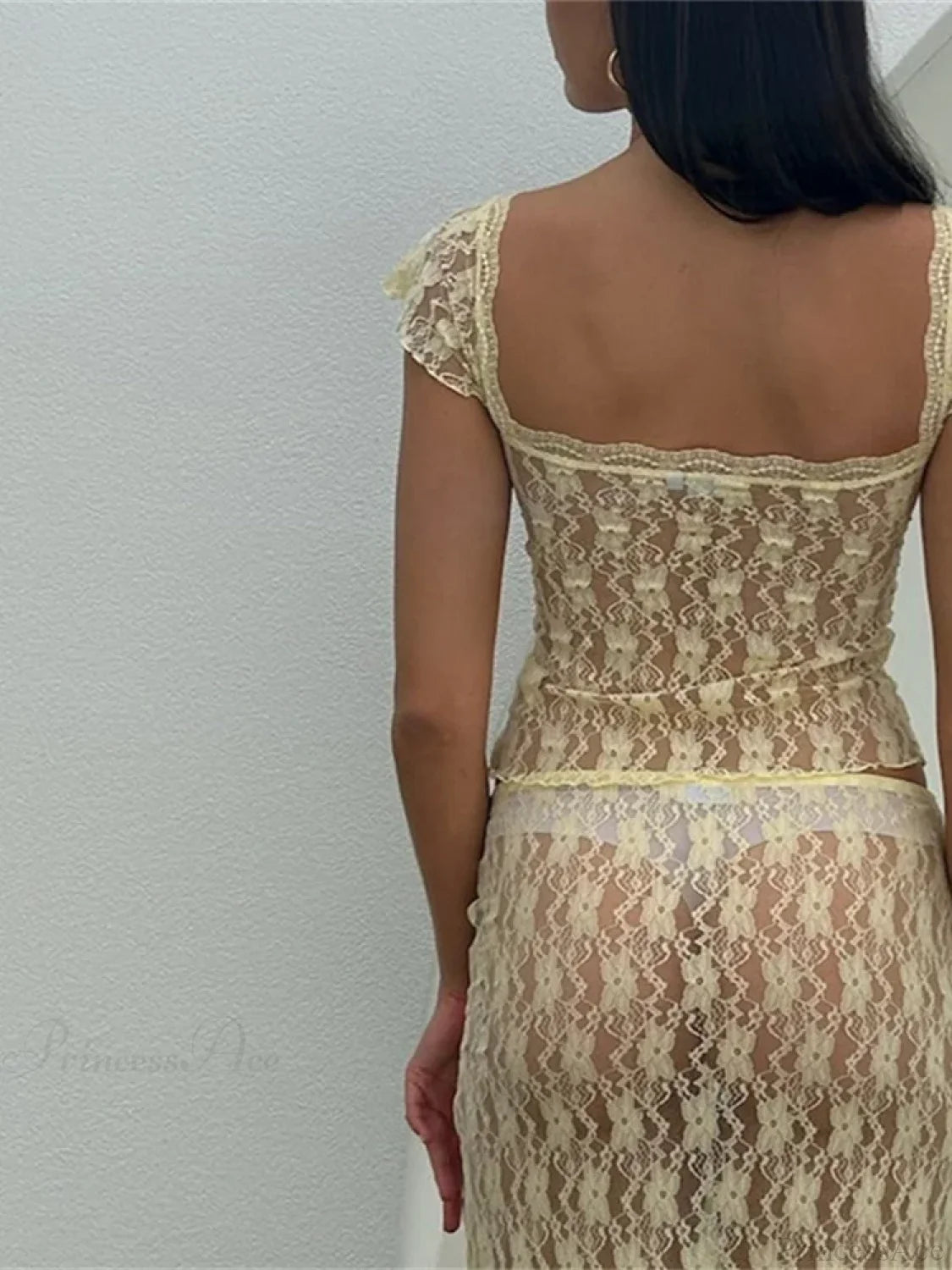 Lace Short Sleeve V-neck T-shirt and Long Skirt Set skirt-250126