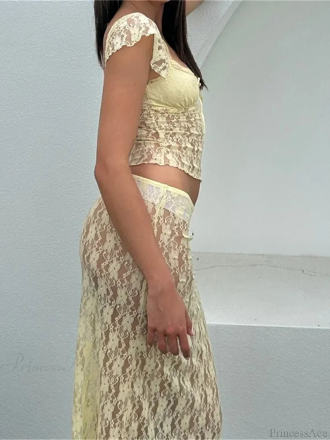 Lace Short Sleeve V-neck T-shirt and Long Skirt Set skirt-250126