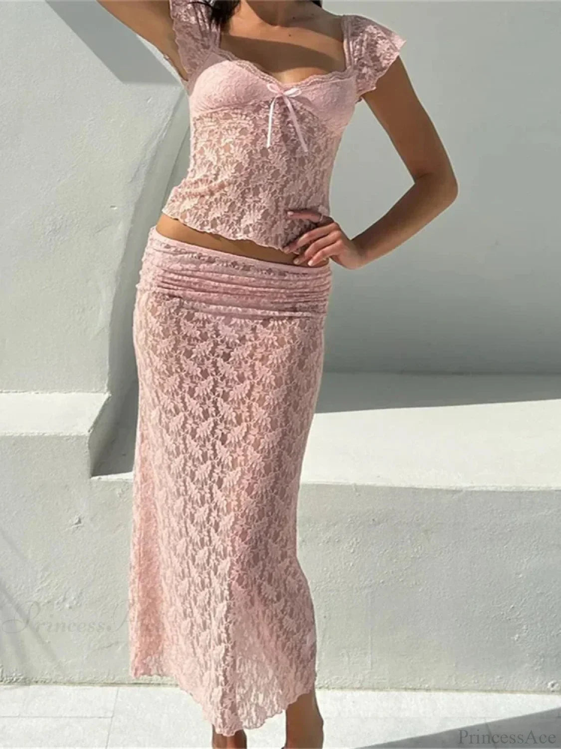 Lace Short Sleeve V-neck T-shirt and Long Skirt Set PINK / S skirt-250126