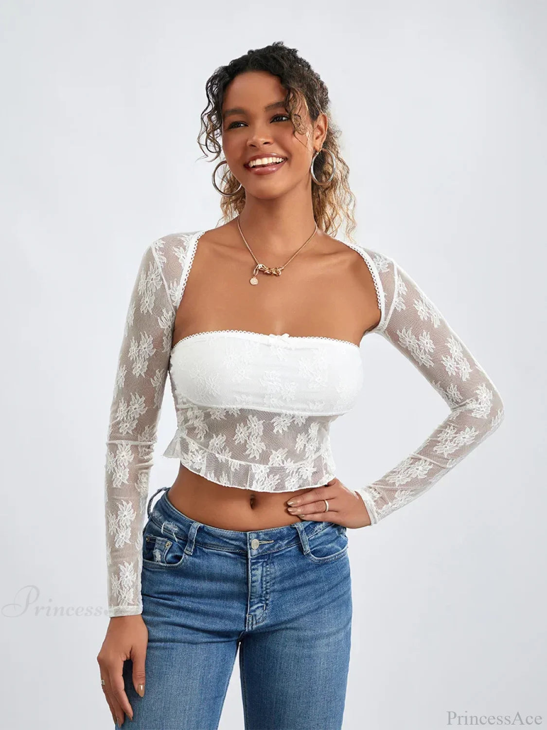 Lace Shrug Two-piece Floral Sheer Mesh Crop Outfit WHITE / S croptop-250126