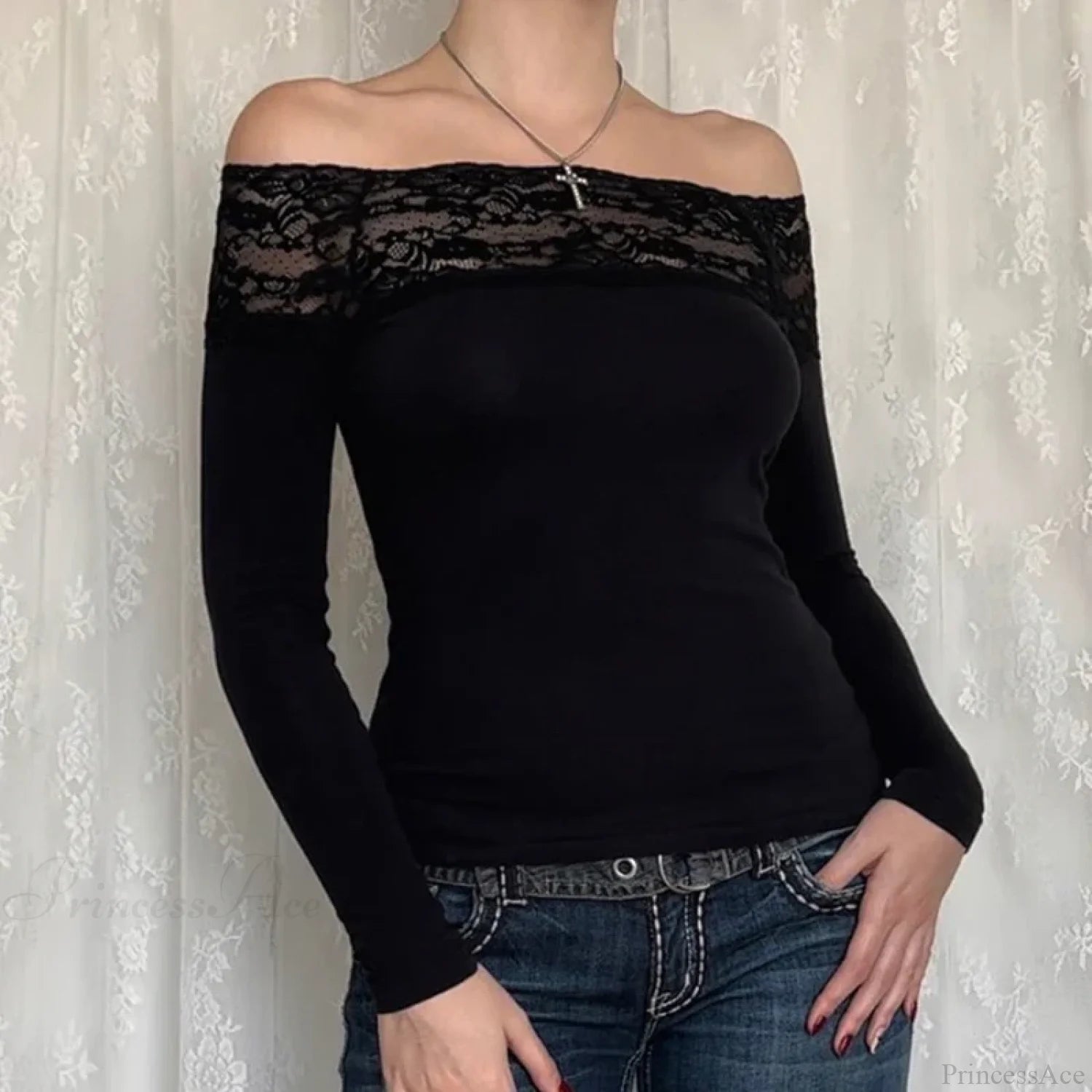 Lace Slash Neck Knit Top