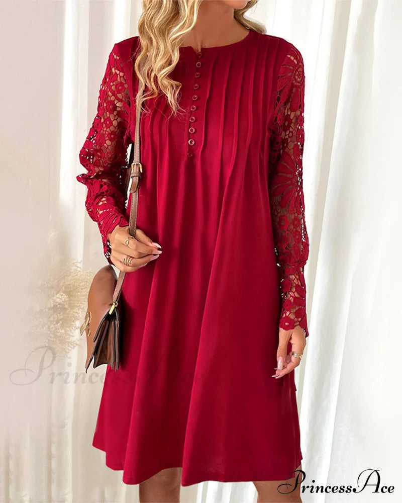 Lace Sleeve Dress With Pleated Detail Dresses