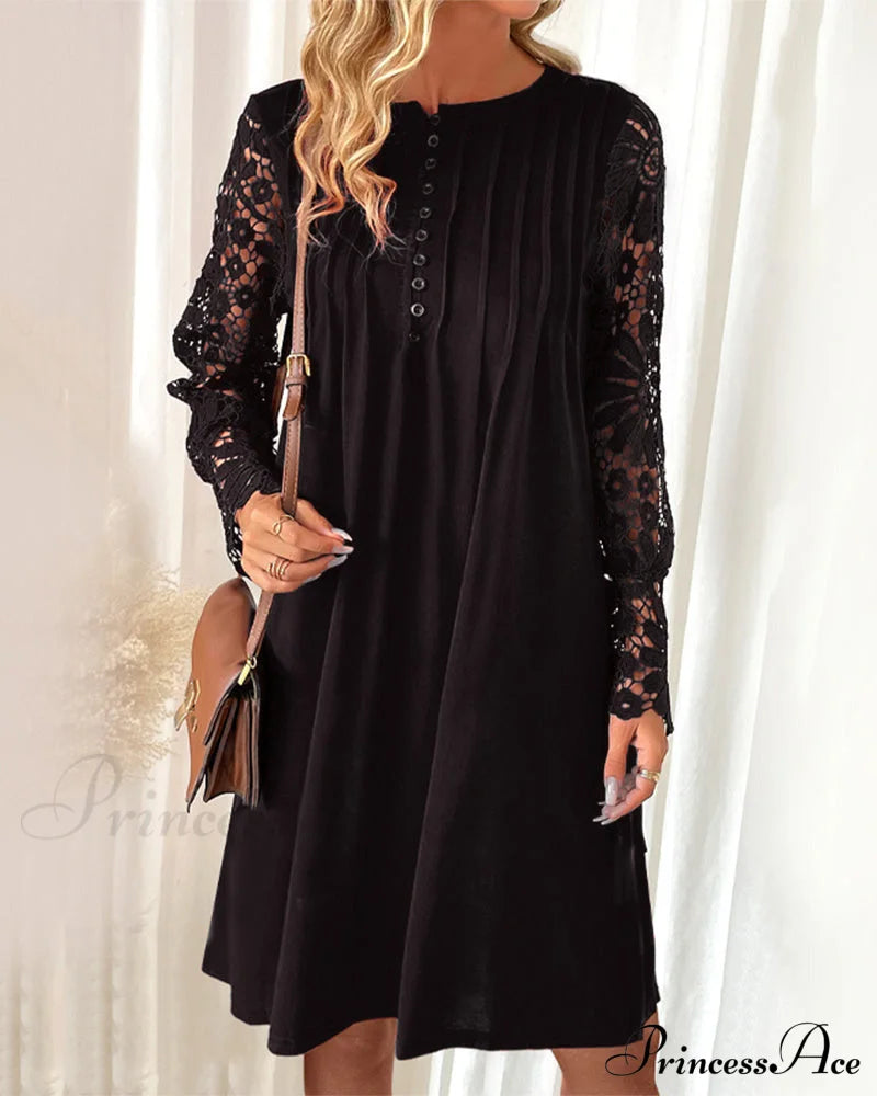 Lace Sleeve Dress With Pleated Detail Dresses