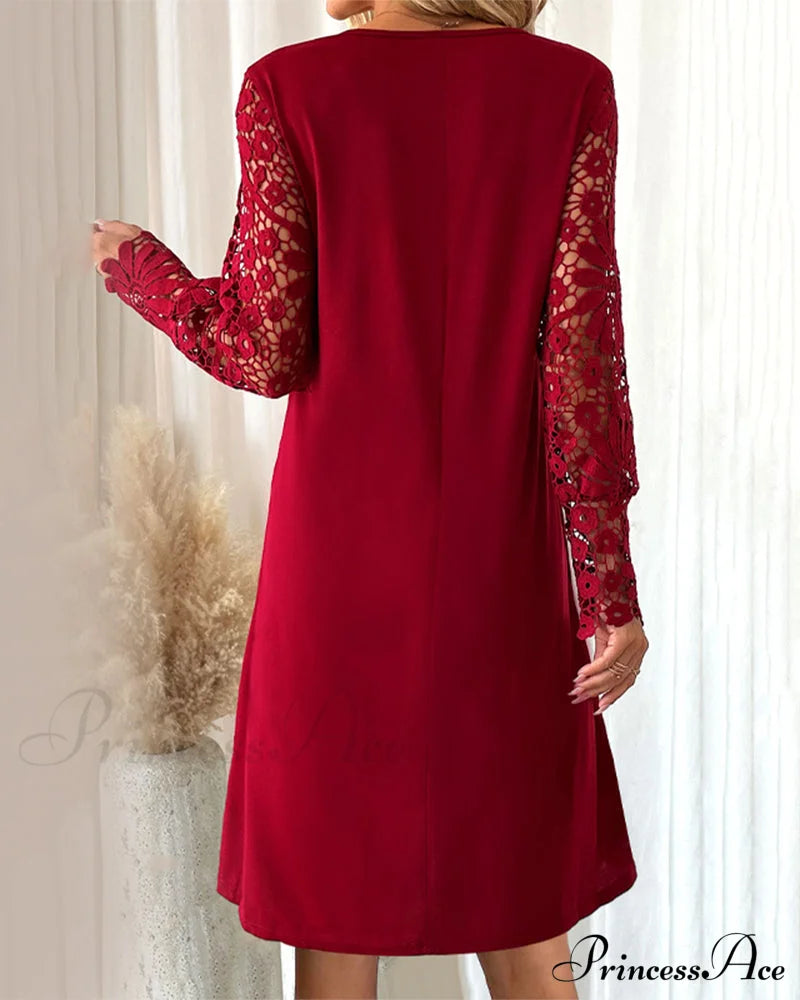 Lace Sleeve Dress With Pleated Detail Dresses