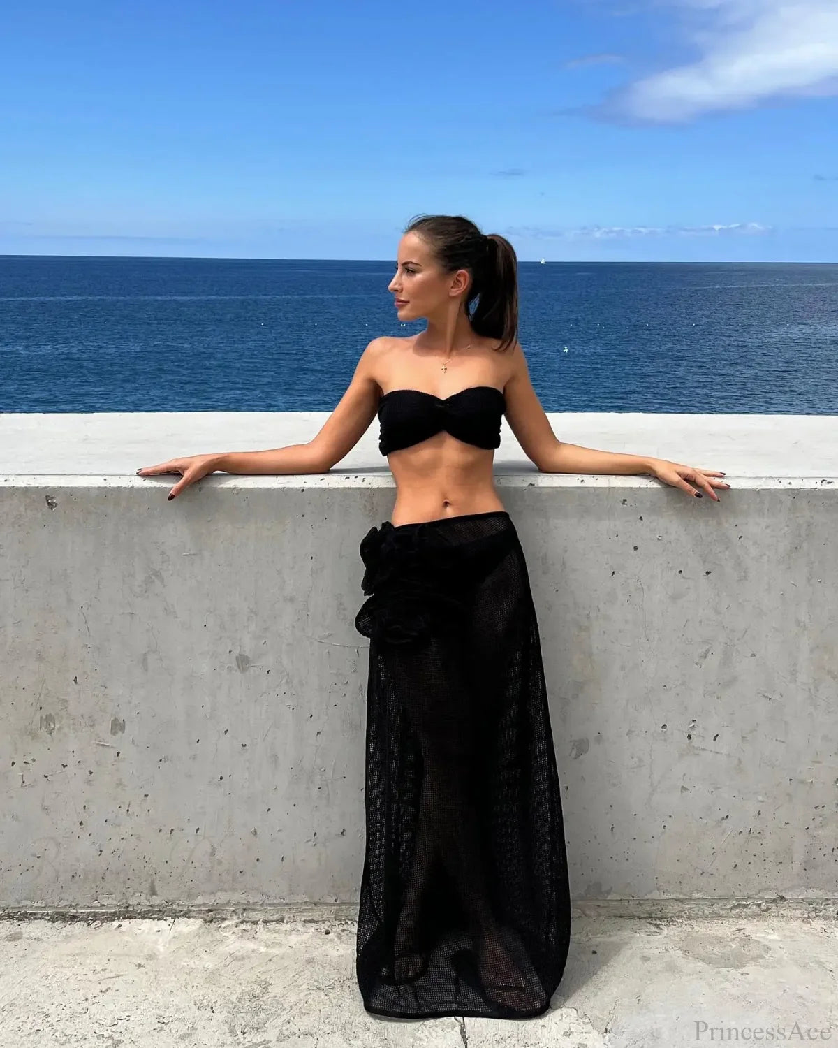 Lace Solid Strappy Skirt Three Piece Swimsuit