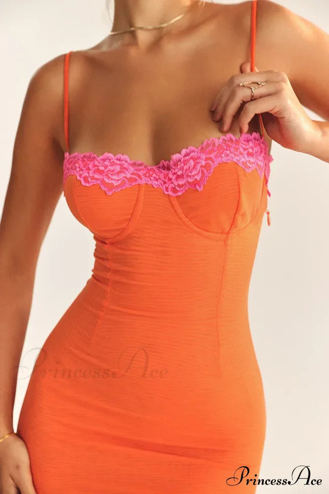 Lace Spaghetti Strap Charming Mesh Midi Dress Solid Ankle Length