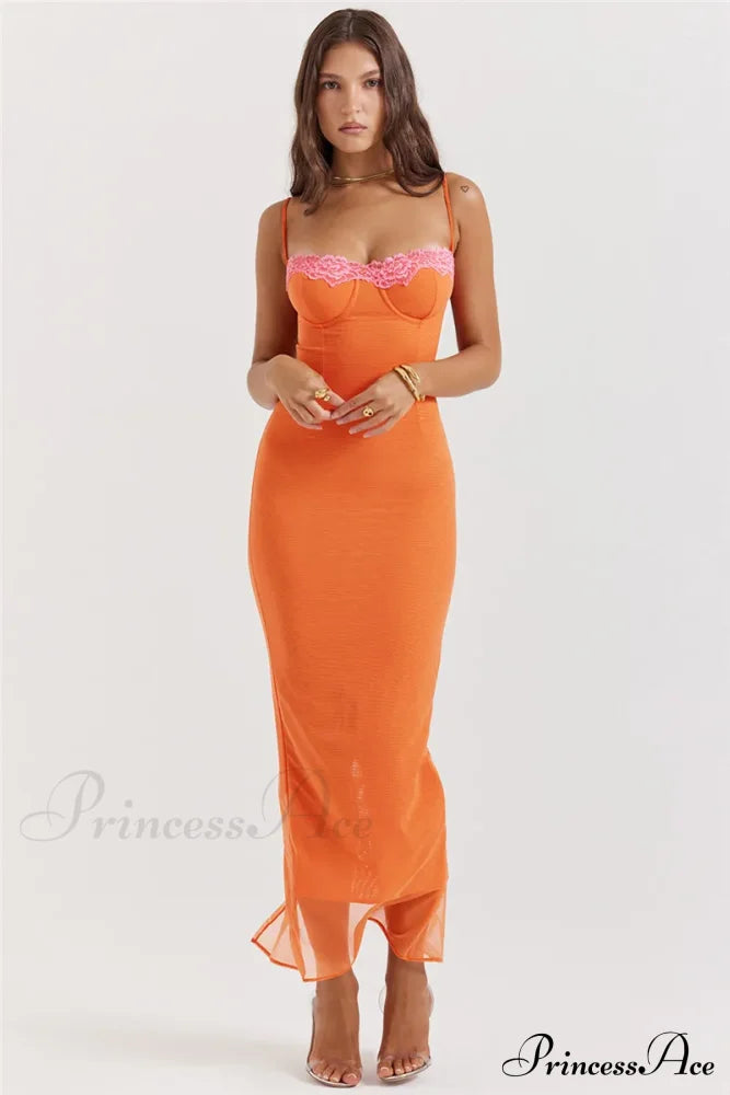 Lace Spaghetti Strap Charming Mesh Midi Dress Solid Ankle Length